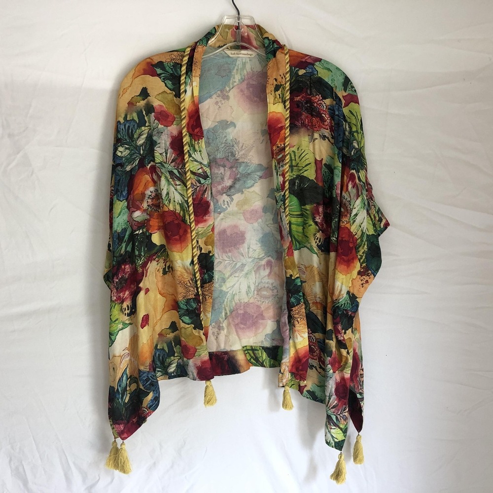 Soft Surroundings Kimono Jacket Womens S/M Multicolor Floral Tassel Hem Sheer